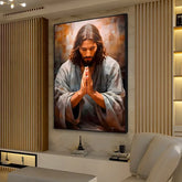 Lienzo Religioso Jesús en Tonos Beige Arte Digital | Cuadro Decorativo con Borde Infinito