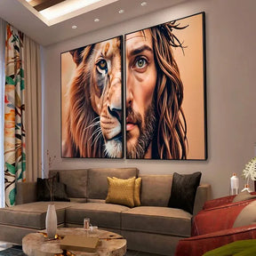 Kit de 2 Lienzos Canvas Religiosos León de Judá y Jesús Dos Mitades | Cuadro Decorativo con Borde Infinito