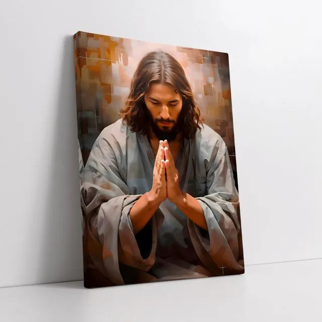 Lienzo Religioso Jesús en Tonos Beige Arte Digital | Cuadro Decorativo con Borde Infinito