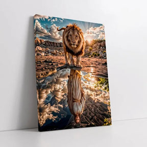Lienzo Canvas Animal Religioso León con Jesús Reflejado en el Agua | Cuadro Decorativo con Borde Infinito