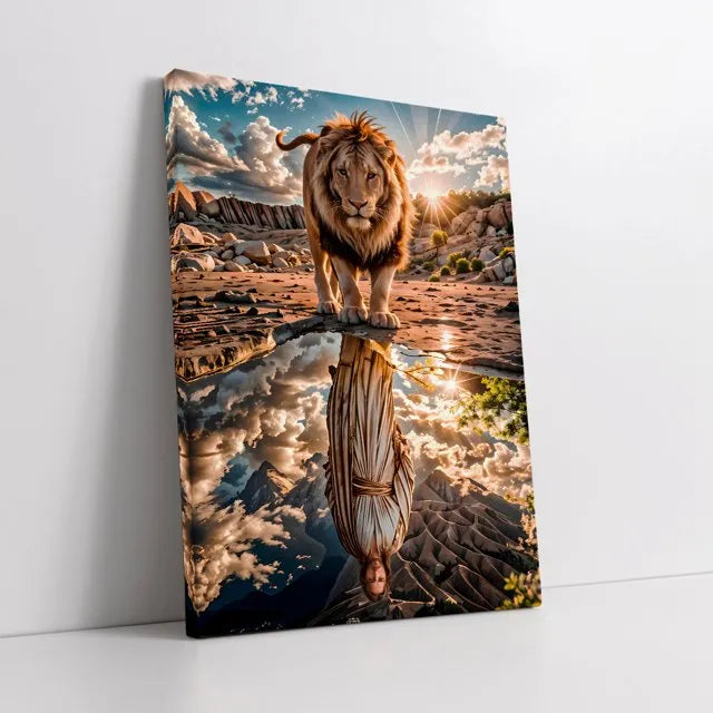 Lienzo Canvas Animal Religioso León con Jesús Reflejado en el Agua | Cuadro Decorativo con Borde Infinito