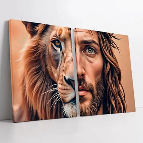 Kit de 2 Lienzos Canvas Religiosos León de Judá y Jesús Dos Mitades | Cuadro Decorativo con Borde Infinito